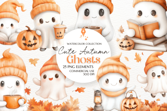 Download Cute Autumn Ghosts Watercolor Clipart - Cute Collection